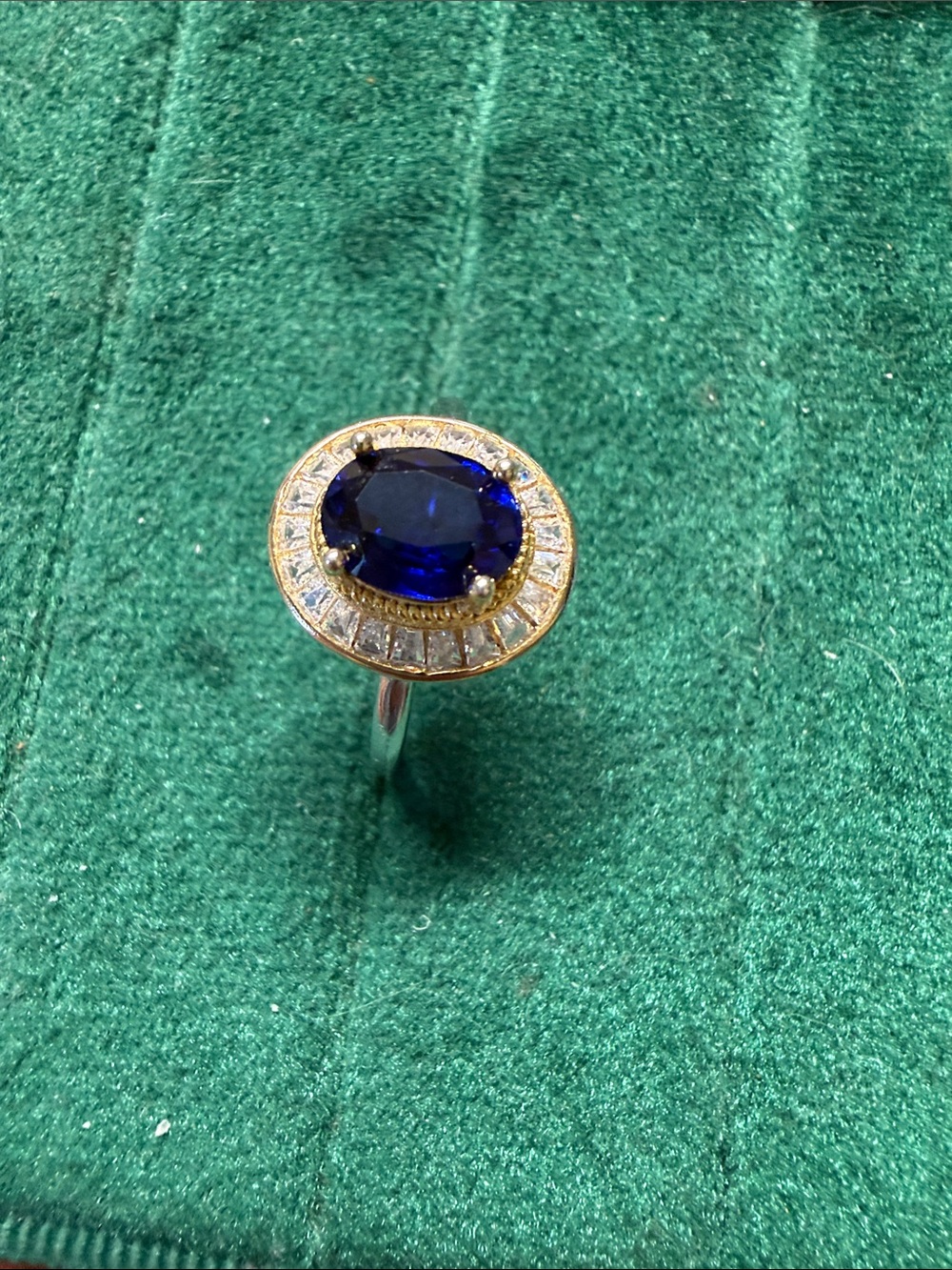 Blue Sapphire Halo Ring with Gold Accents  Ring size 7 adjustable